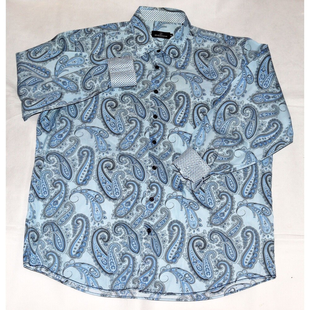 Bugatchi Uomo Men's Long Sleeve Button Front Flip Cuff Paisley Shirt Size 2XL
